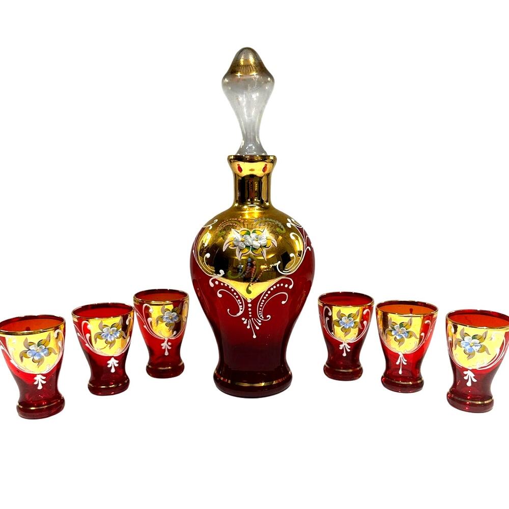 Bohemian Cranberry Glass Decanter Shot Glass Set Hand Painted Gold Floral Design